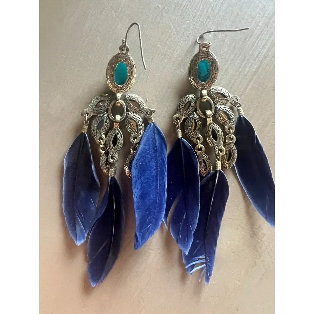 Boho Western Feather Earrings Turquoise Look Stone Chandelier Dangle‎ Cowgirl